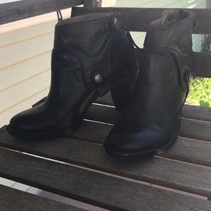 Leather black boho heeled booties fringe